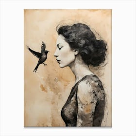 Woman Portrait With A Bird Painting (12) Canvas Print