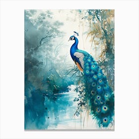 Peacock On A Tree Branch Watercolour 1 Canvas Print