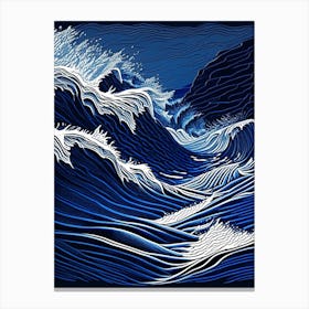 Rushing Water In Deep Blue Sea Water Waterscape Linocut 1 Canvas Print