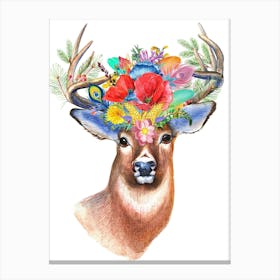 Deer With Flowers On Its Head Stag Wildflowers Boho Flowers Deer Canvas Print