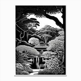 Shinjuku Gyoen National Garden, 1, Japan Linocut Black And White Vintage Canvas Print