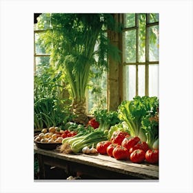 A Tranquil Domestic Garden Overflowing With Vibrant Vegetables Gleaming Tomatoes Peep From The Le Canvas Print