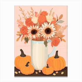 Pitcher With Sunflowers, Atumn Fall Daisies And Pumpkin Latte Cute Illustration 10 Canvas Print