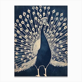 Navy Blue Linocut Inspired Peacock With Feathers Out Canvas Print