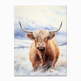 Highland Cow In The Snow Watercolour 3 Canvas Print