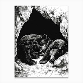 Malayan Sun Bear Family Sleeping In A Cave Ink Illustration 2 Canvas Print
