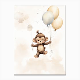 Baby Monkey Flying With Ballons, Watercolour Nursery Art 3 Canvas Print
