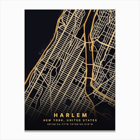 Harlem New York City USA Black And Gold Map Canvas Print