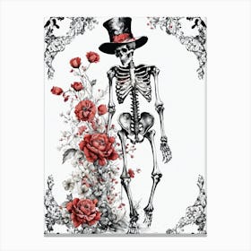 Floral Skeleton With Hat Ink Painting (50) Canvas Print