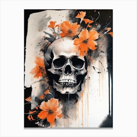 Abstract Skull Orange Flowers Painting (19) Canvas Print