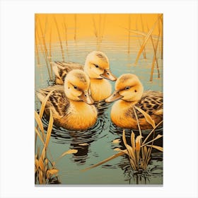 Ducklings In The Water Japanese Woodblock Style 1 Canvas Print