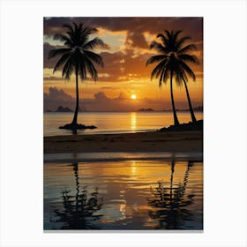 Sunset On The Beach With Palm Trees Canvas Print