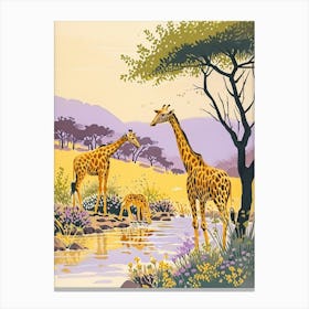 Giraffes Drinking From A Watering Hole Canvas Print