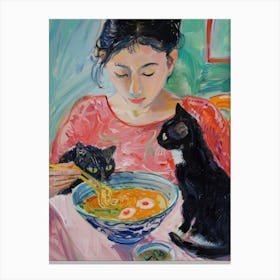 Portrait Of A Woman With Cats Eating Ramen 3 Canvas Print