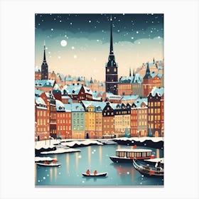 Winter Travel Night Illustration Stockholm Sweden 3 Canvas Print