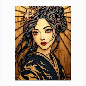 Geisha Wood Portrait 1 Canvas Print