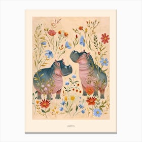 Folksy Floral Animal Drawing Hippo Poster Canvas Print