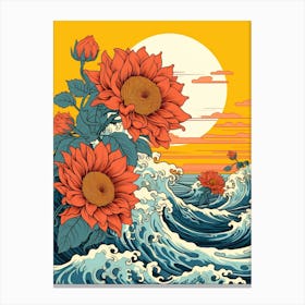 Great Wave With Sunflower Flower Drawing In The Style Of Ukiyo E 1 Canvas Print