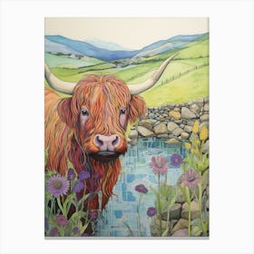 Linework Illustration Of A Highland Cow Pastel 2 Canvas Print