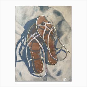 Coastal Dreams: Beach Sandals in the Sand, vacation fashion, acrylic painting on paper, summer holidays, shoes Canvas Print