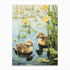 Ducklings In The River Japanese Woodblock Style 1 Canvas Print