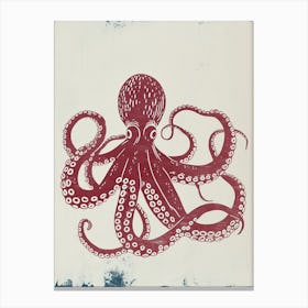 Hand Printed Style Red & Navy Octopus 4 Canvas Print