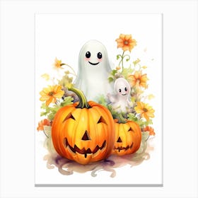 Cute Ghost With Pumpkins Halloween Watercolour 137 Canvas Print