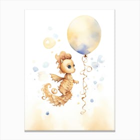 Baby Seahorse Flying With Ballons, Watercolour Nursery Art 3 Canvas Print