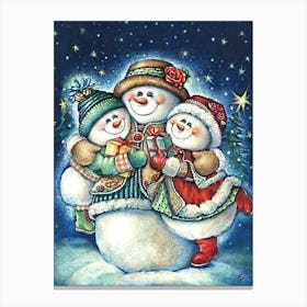 Happy Snowman Family Together On A Christmas Eve Canvas Print