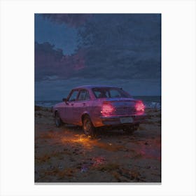 Pink Car On The Beach 1 Canvas Print