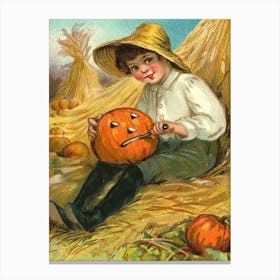 Village Boy Is Carving A Pumpkin For A Coming Holiday Canvas Print