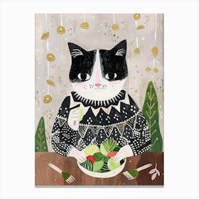 Black And White Cat Eating Salad Folk Illustration 2 Canvas Print