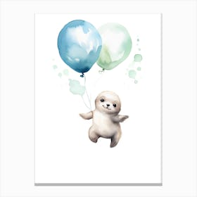 Baby Dolphin Flying With Ballons, Watercolour Nursery Art 3 Canvas Print