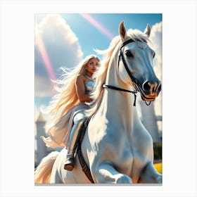 White Hair Beauty on A White Horse Canvas Print