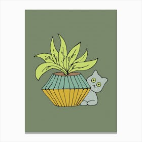 Grey Cat And A Planter Pot Canvas Print
