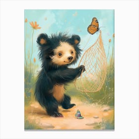Sloth Bear Cub Playing With A Butterfly Net Storybook Illustration 2 Canvas Print