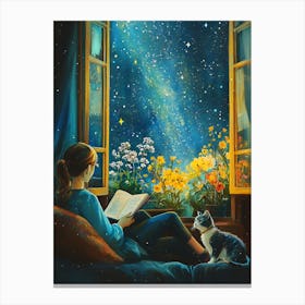 Girl Reading Book with Her Cat 18 Canvas Print