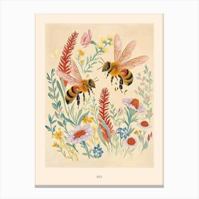 Folksy Floral Animal Drawing Bee 2 Poster Canvas Print