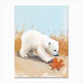 Polar Bear Cub Playing With A Fallen Leaf Storybook Illustration 4 Canvas Print