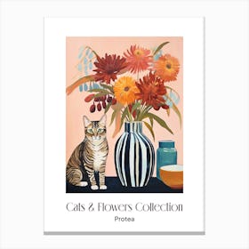 Cats & Flowers Collection Protea Flower Vase And A Cat, A Painting In The Style Of Matisse 0 Canvas Print