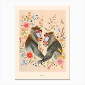 Folksy Floral Animal Drawing Monkey Poster Canvas Print