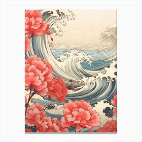 Great Wave With Geranium Flower Drawing In The Style Of Ukiyo E 2 Canvas Print