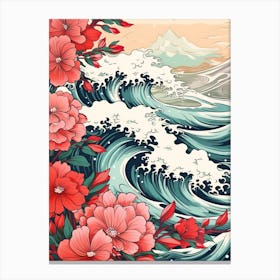 Great Wave With Rose Flower Drawing In The Style Of Ukiyo E 4 Canvas Print