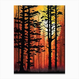 Sunset In The Forest 11,   Forest bathed in the warm glow of the setting sun, forest sunset illustration, forest at sunset, sunset forest vector art, sunset, forest painting,dark forest, landscape painting, nature vector art, Forest Sunset art, trees, pines, spruces, and firs, orange and black.  Canvas Print