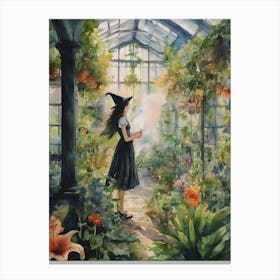Plant Medicine ~ Japanese Schoolgirl Witch Seeking Advice From Spirit Guides in Greenhouse ~ Anime Botanist Ayahuasca Inspired Nature Allies ~ Giant Lillies Witchy Art Print ~ Watercolour Artwork Painting Cute Witchcraft Cottagecore Witchcore Cute Witches Pagan Cool Plant Medicine Herbalist Medicinal Herbal Canvas Print