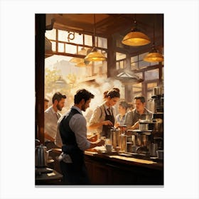 A Busy Cafe Scene Captured In Impressionist Style Barista Bustling Amidst The Morning Rush Meticul (7) Canvas Print