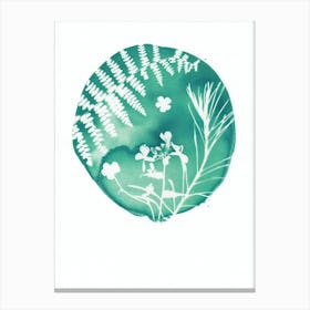 Sea Green Ferns And Flowers Circle Canvas Print
