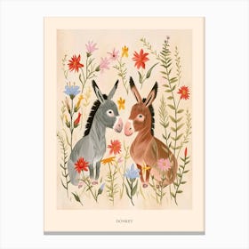 Folksy Floral Animal Drawing Donkey 4 Poster Canvas Print