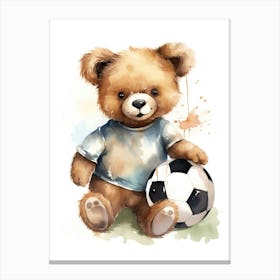 Football Soccer Ball Teddy Bear Painting Watercolour 9 Canvas Print