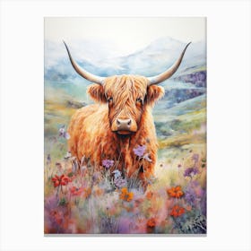 Highland Cow In Wildflower Field Watercolour 1 Canvas Print